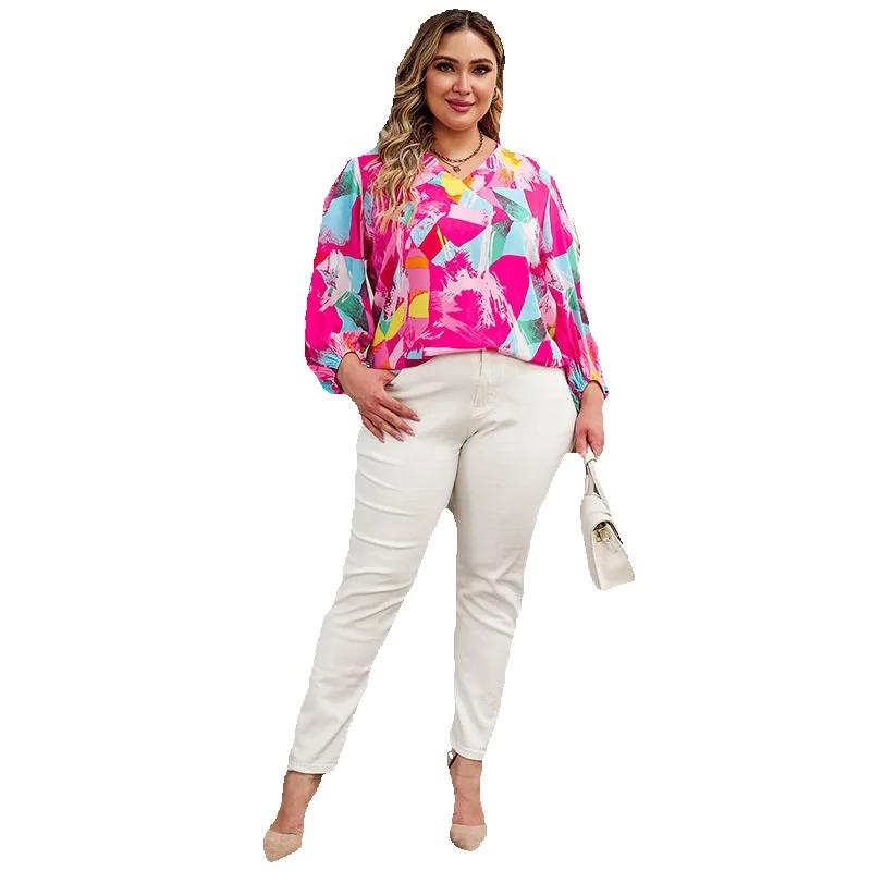 여성용 캐주얼 대형 기하학 프린트 쉬폰 셔츠, 대비 얇은 크롭 소매 상의, 2023 가을 신상